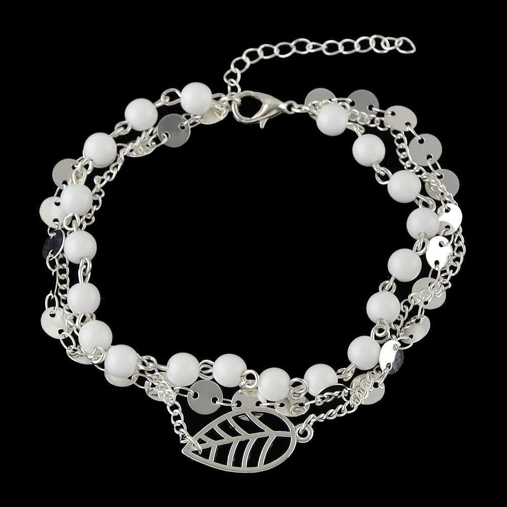 1 pc Foot Beach Jewellery Gold Silver Multi - layer Chain White Beads Leaf Anklet - RUTH'S PLUG