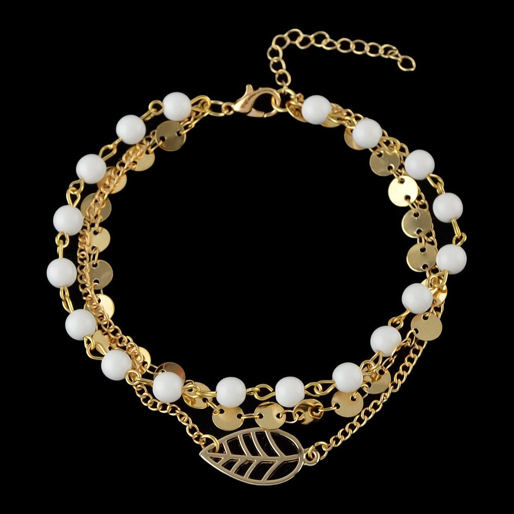 1 pc Foot Beach Jewellery Gold Silver Multi - layer Chain White Beads Leaf Anklet - RUTH'S PLUG
