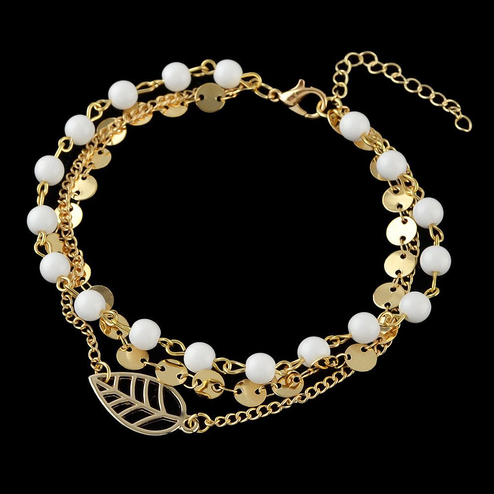 1 pc Foot Beach Jewellery Gold Silver Multi - layer Chain White Beads Leaf Anklet - RUTH'S PLUG