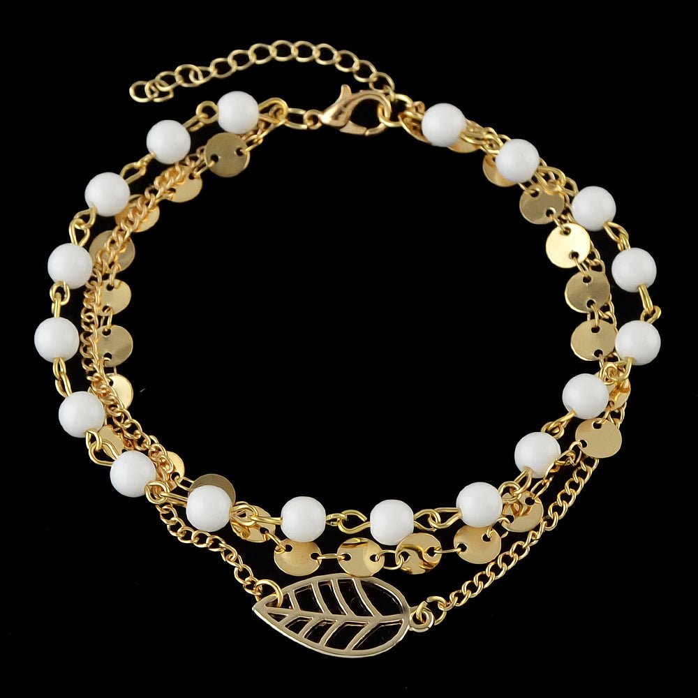 1 pc Foot Beach Jewellery Gold Silver Multi - layer Chain White Beads Leaf Anklet - RUTH'S PLUG