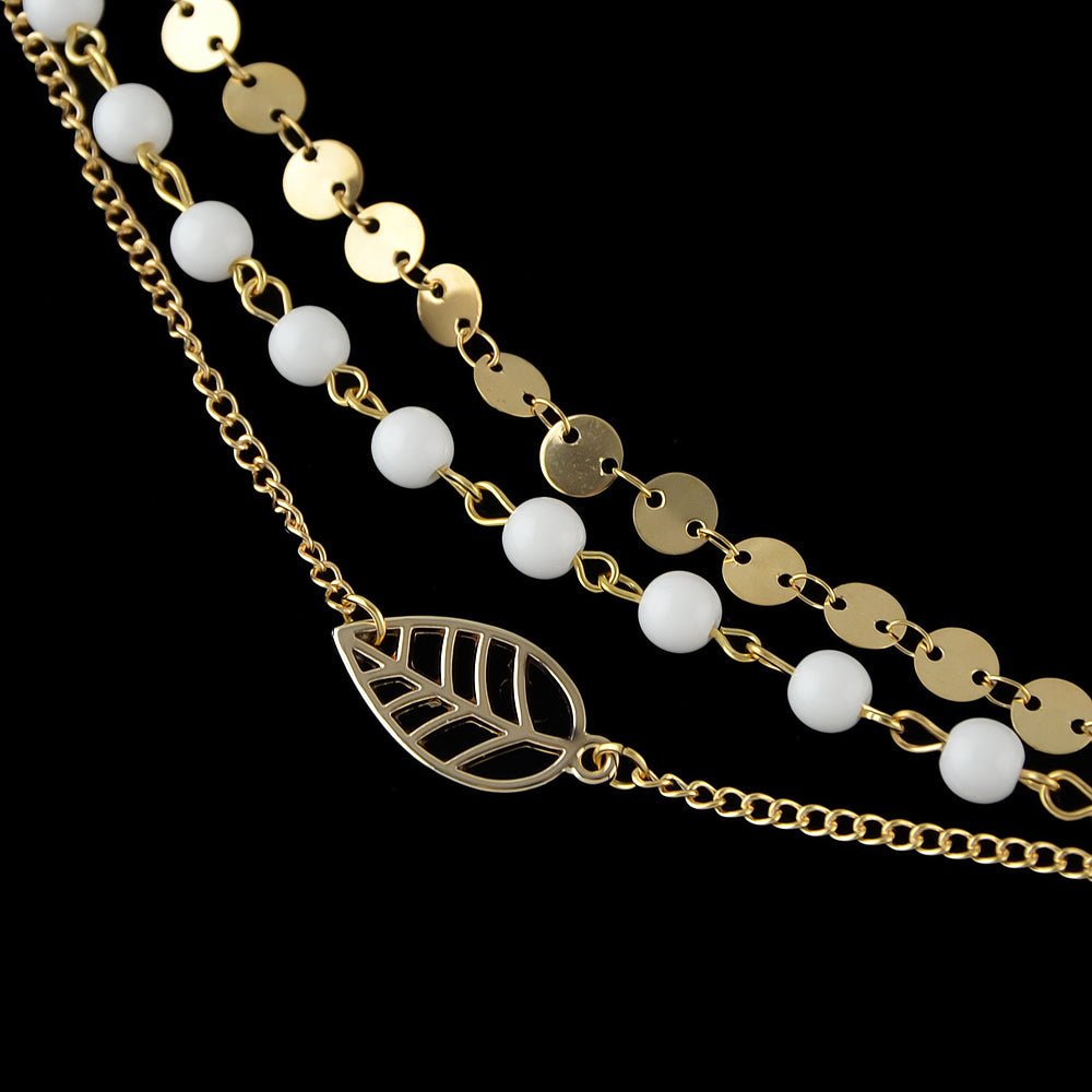 1 pc Foot Beach Jewellery Gold Silver Multi - layer Chain White Beads Leaf Anklet - RUTH'S PLUG