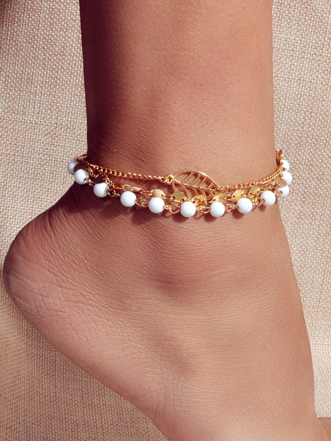 1 pc Foot Beach Jewellery Gold Silver Multi - layer Chain White Beads Leaf Anklet - RUTH'S PLUG