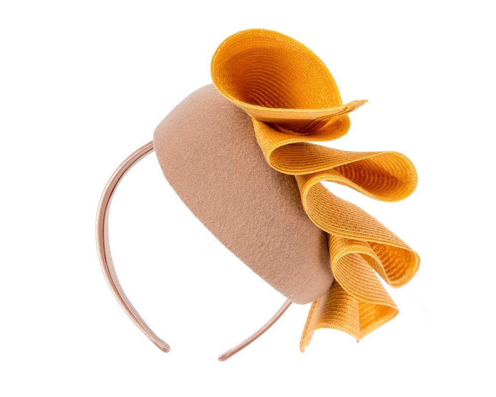 Beige & mustard pillbox fascinator by Fillies Collection - RUTH'S PLUG
