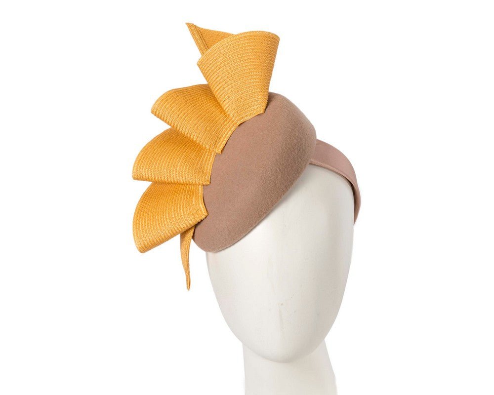 Beige & mustard pillbox fascinator by Fillies Collection - RUTH'S PLUG