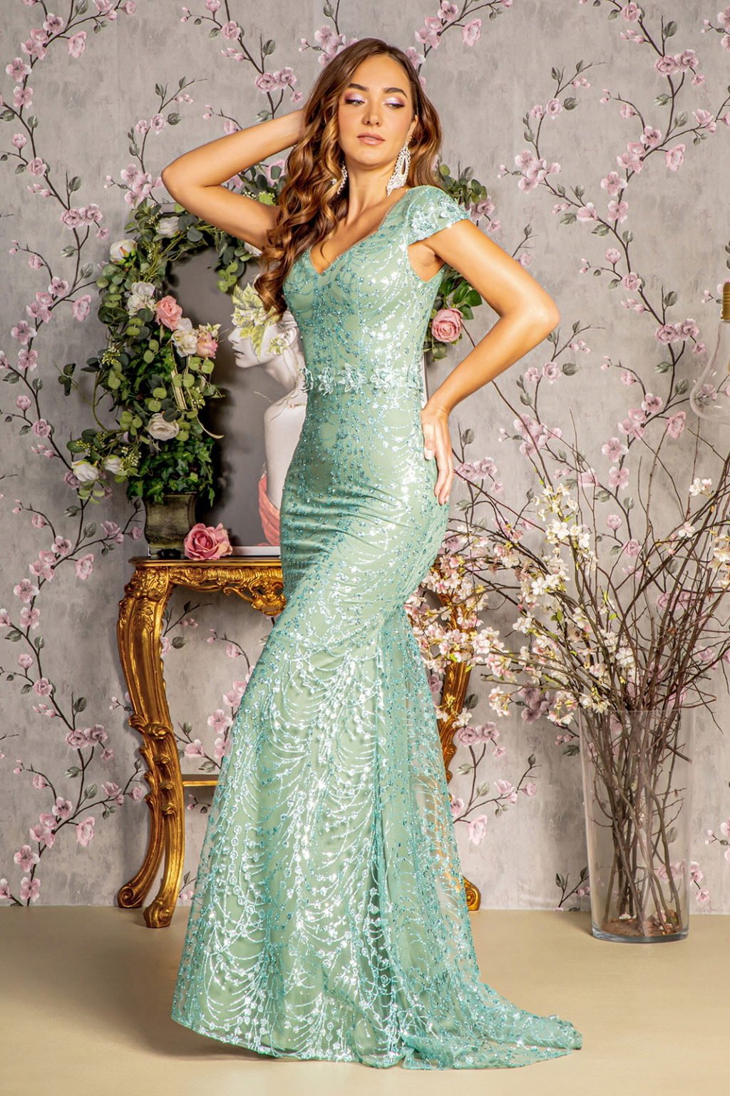 3 - D Flower Glitter Sheer Neckline Mesh Mermaid Long Dress - RUTH'S PLUG