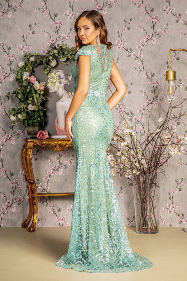 3 - D Flower Glitter Sheer Neckline Mesh Mermaid Long Dress - RUTH'S PLUG