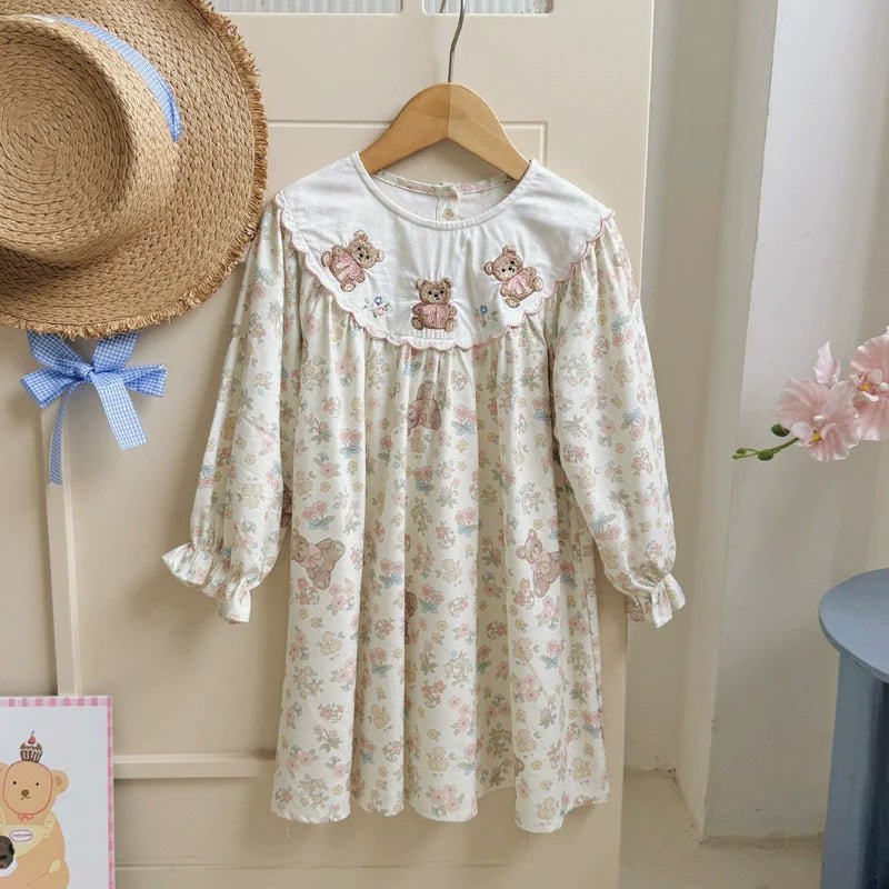 Arrival Autumn Girls Flowers and Teddy Bears Pattern Long Sleeves Dress - RUTH'S PLUG