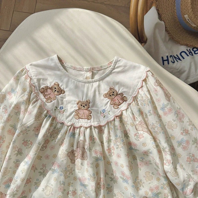 Arrival Autumn Girls Flowers and Teddy Bears Pattern Long Sleeves Dress - RUTH'S PLUG
