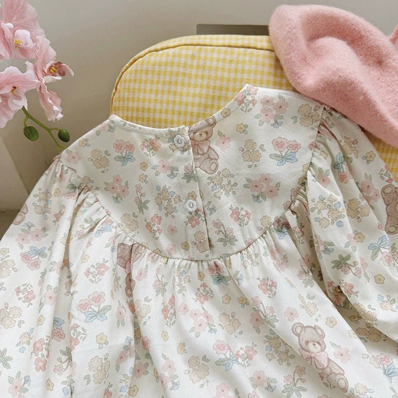 Arrival Autumn Girls Flowers and Teddy Bears Pattern Long Sleeves Dress - RUTH'S PLUG