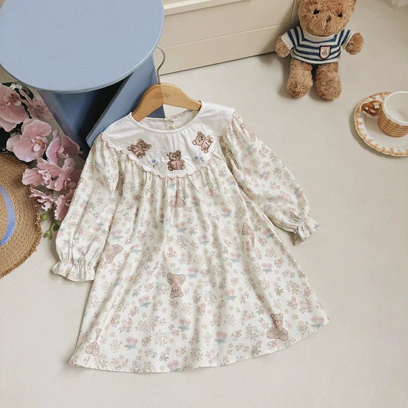 Arrival Autumn Girls Flowers and Teddy Bears Pattern Long Sleeves Dress - RUTH'S PLUG